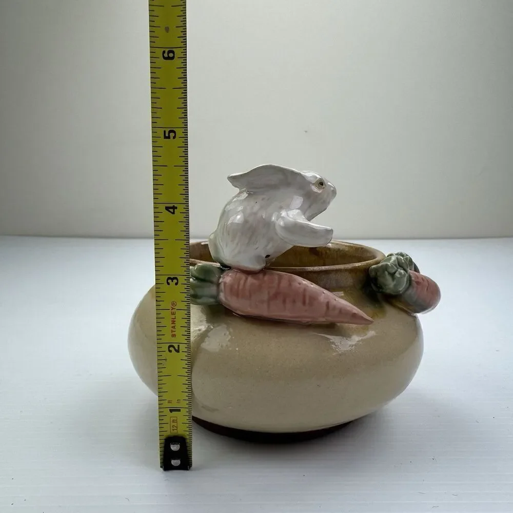 Vintage Easter Bunny Pottery Candy Bowl w Carrots Rabbit Spring Decor